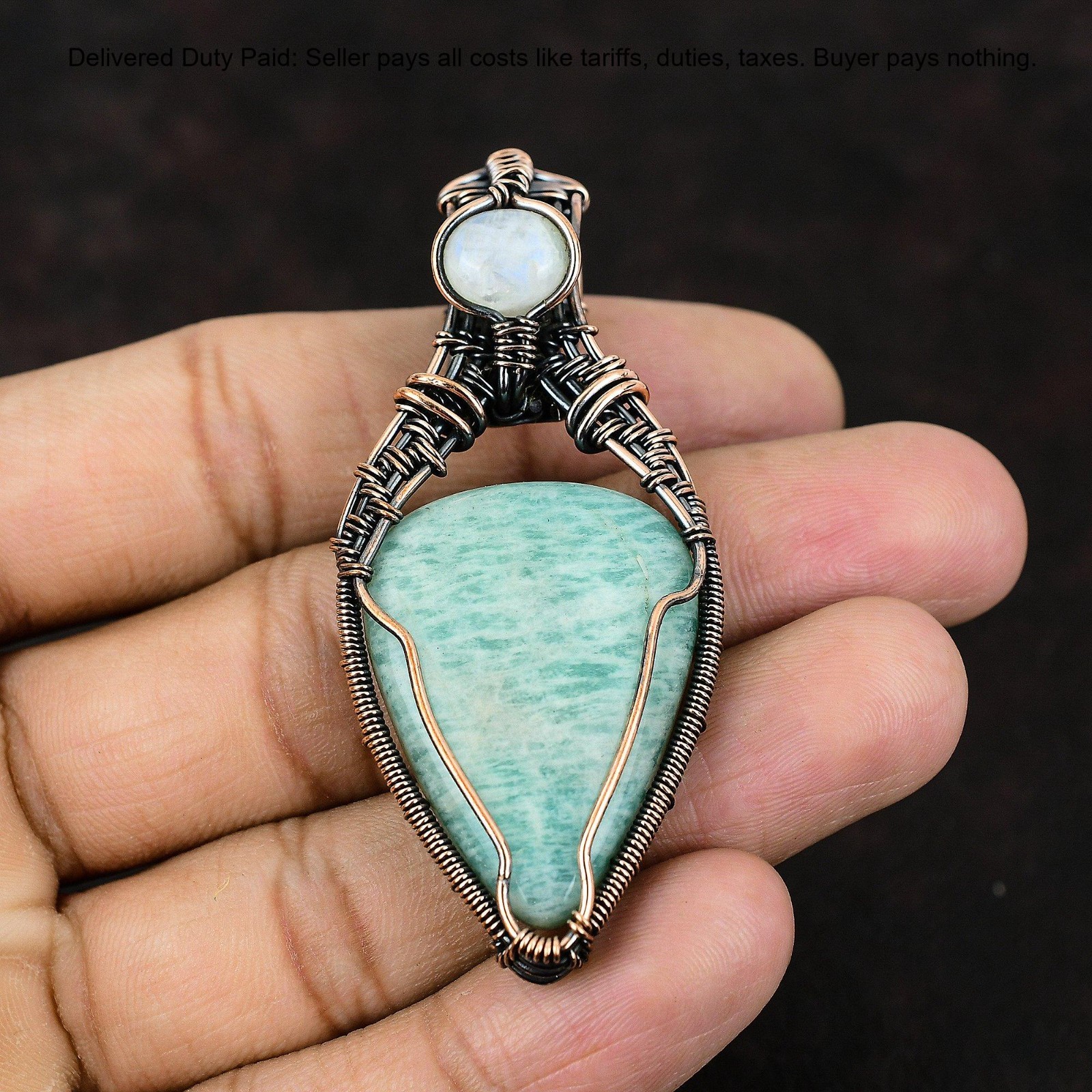 Pear Amazonite Gemstone Rainbow Moonstone Copper Twisted Wife Pendant Jewelry