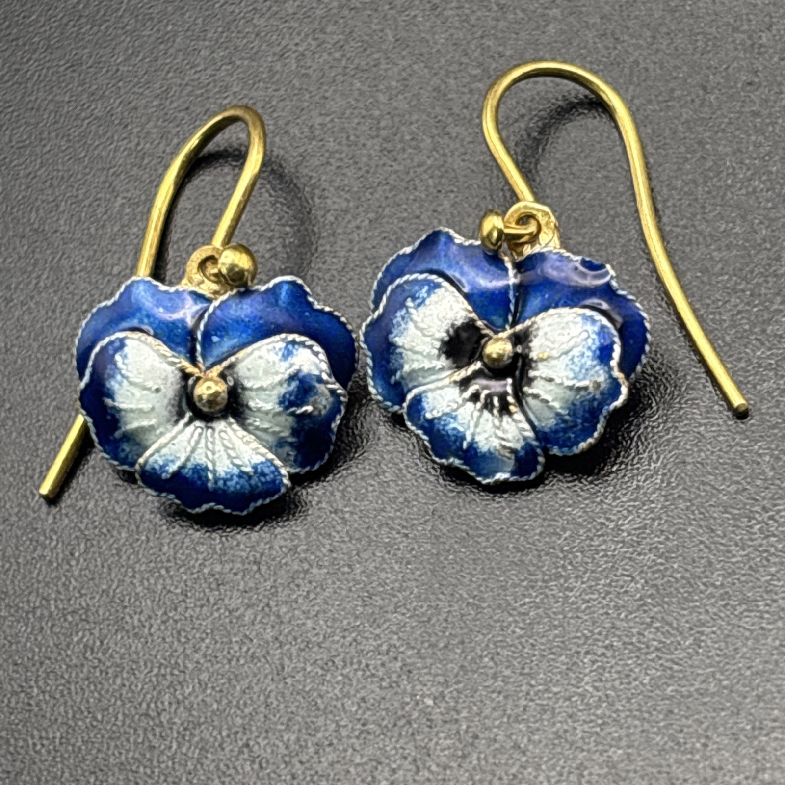 Shashi Earrings Sterling Silver Blue Enamel Gold Wash Pansy Dangle Dainty .75”￼