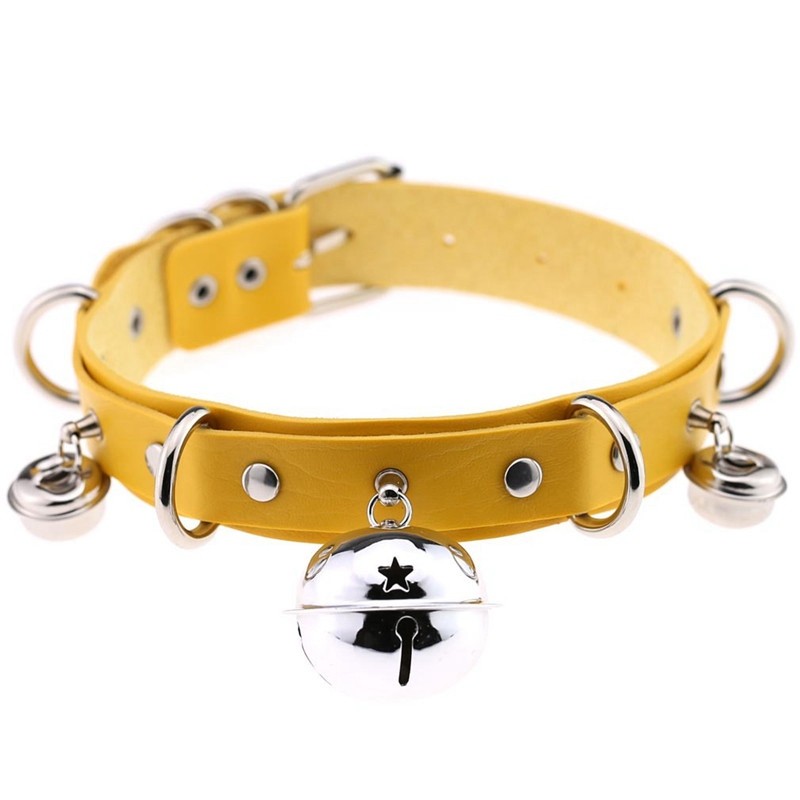 Womens Necklace Bondage Punk Gothic Choker Bell Collar Chain PU Leather