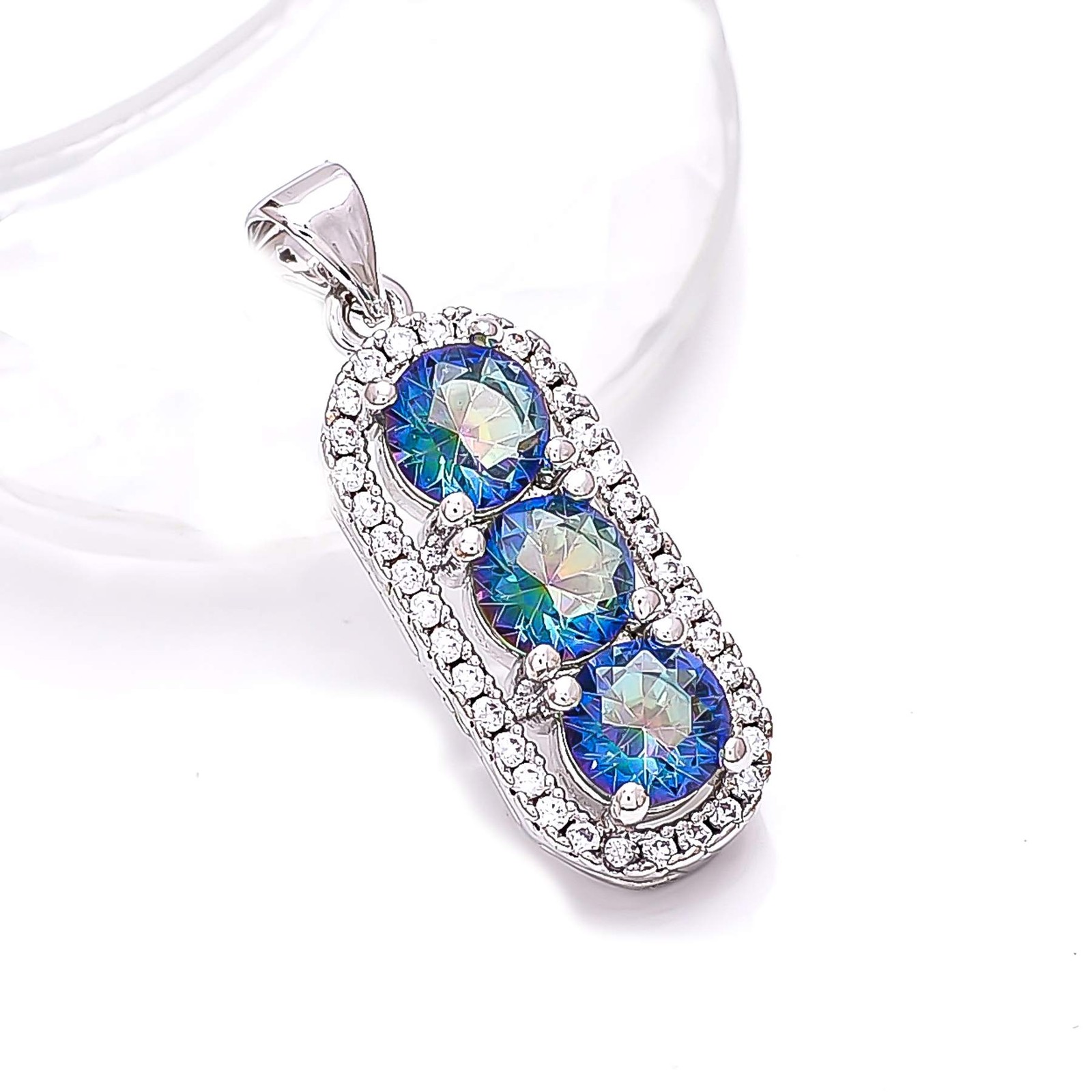 Blue Rainbow Mystic Fire Topaz & CZ Gemstone 925 Silver Pendant 1.10″ P931