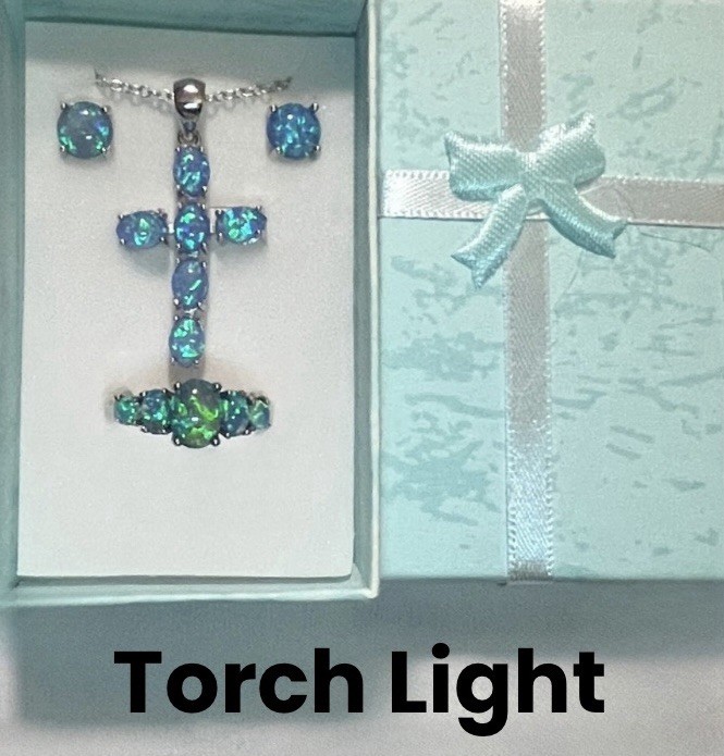 Gorgeous Ocean Blue Fire Opal Cross Necklace, Earrings, Five-Stone Ring 10 Set