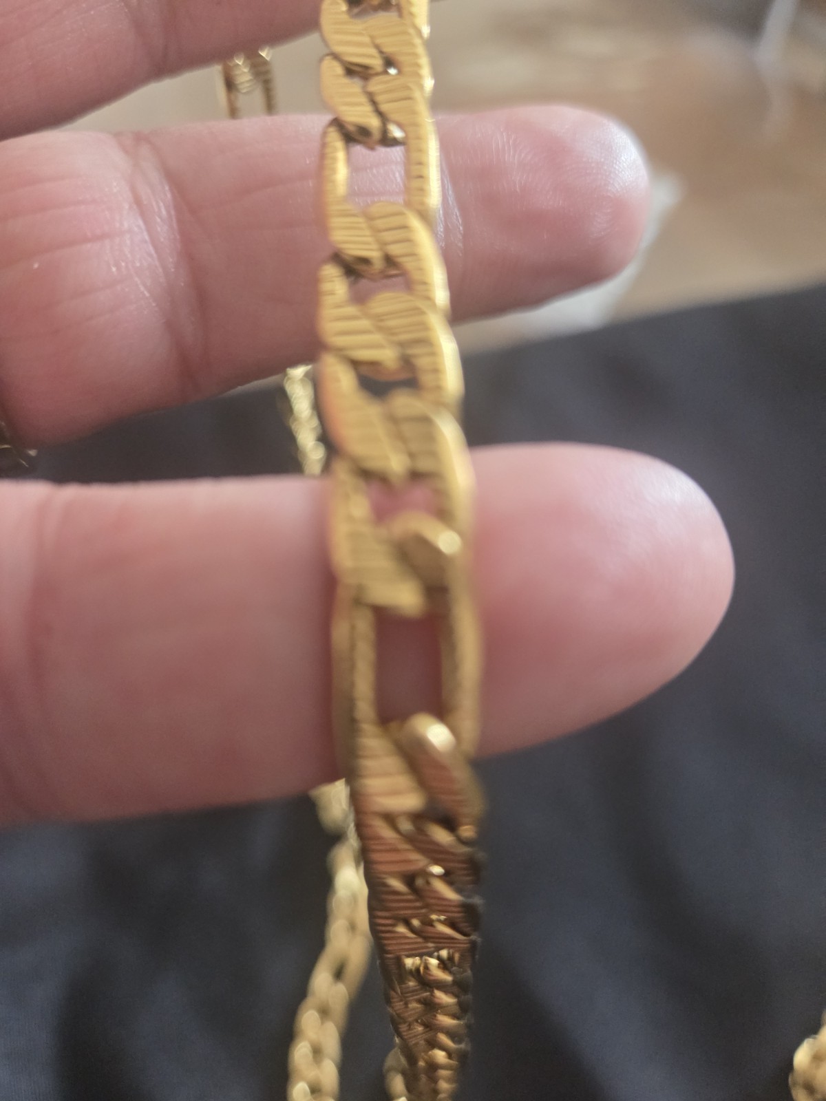Gold Tone Figaro Chain Bracelet with Lobster Clasp, No Stone