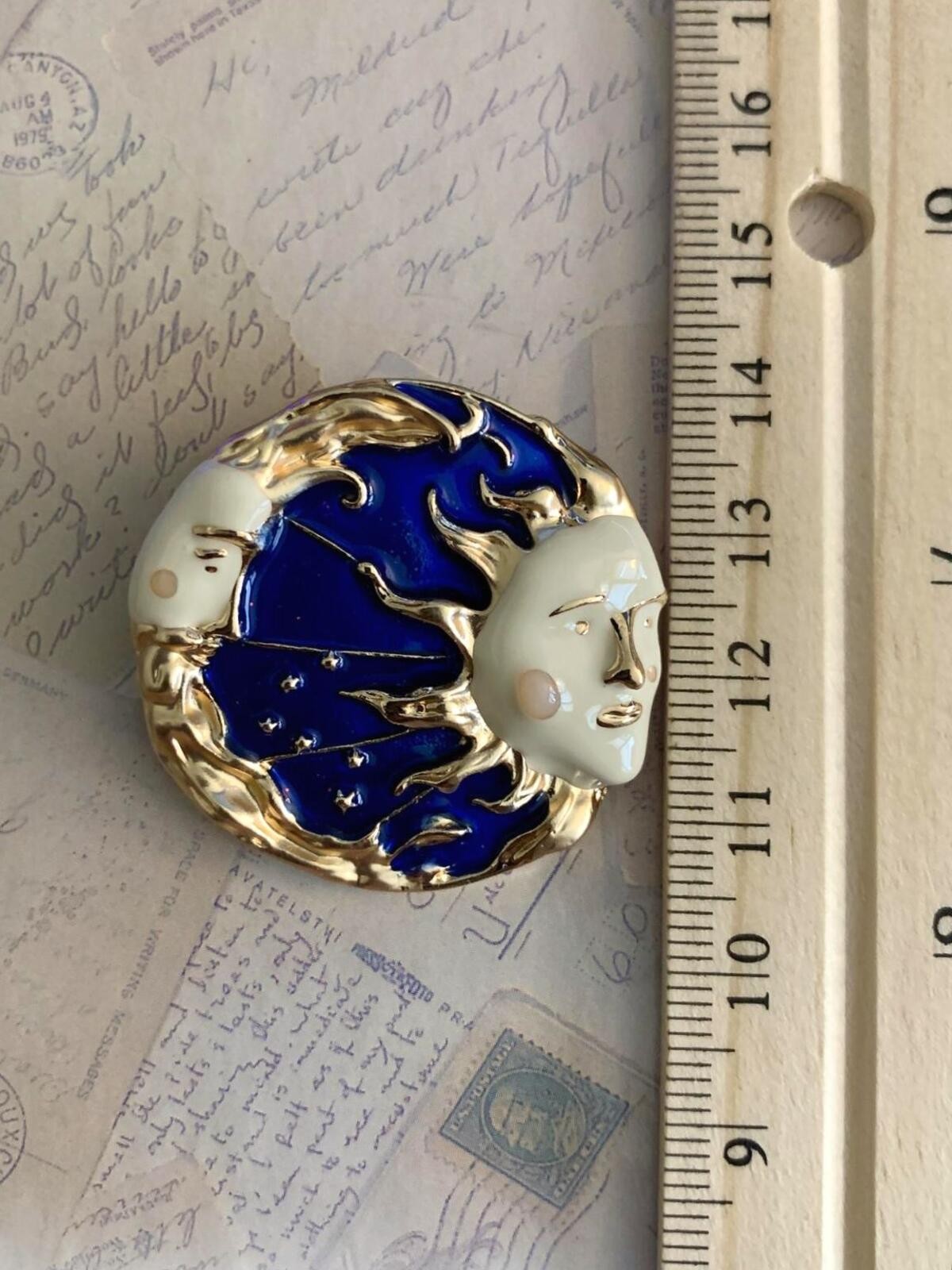 Celestial Sun Moon Blue Enamel Round Brooch