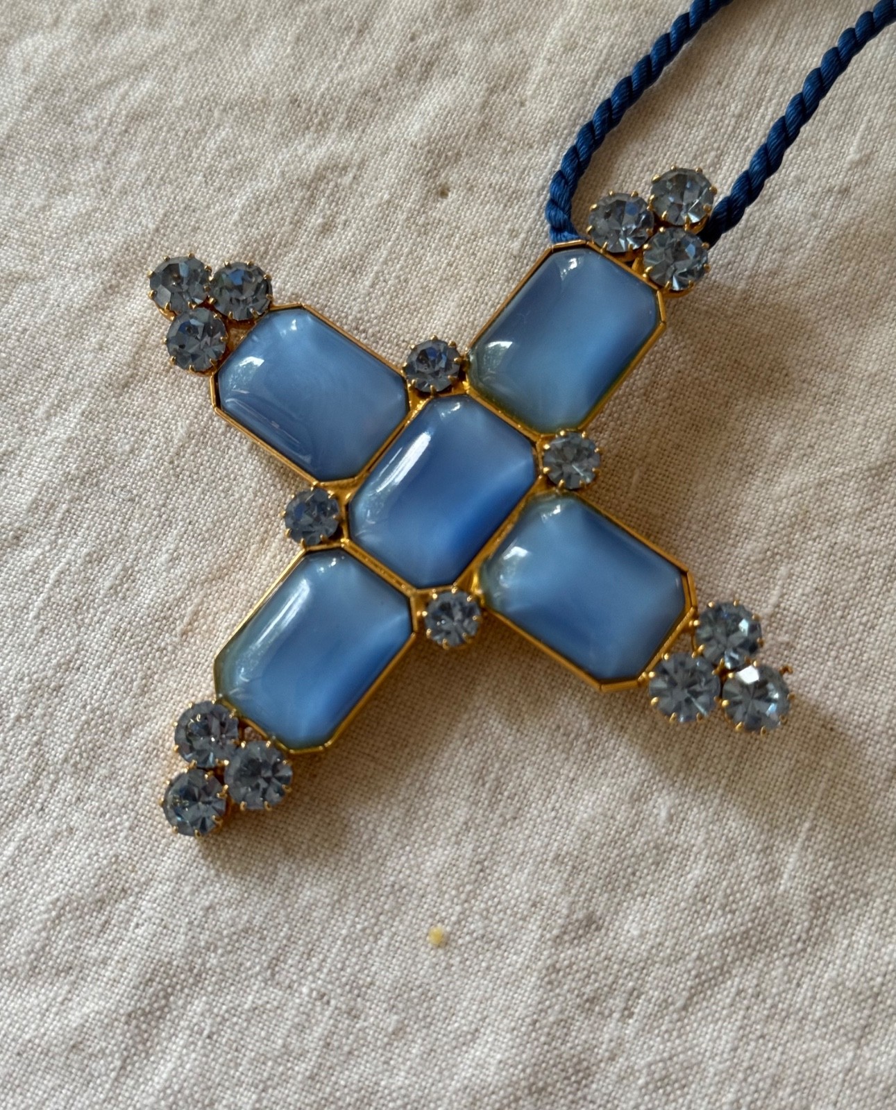 NWOT Vintage French Couture Style Cross / Brooch-Pendant Blue Glass 1980s
