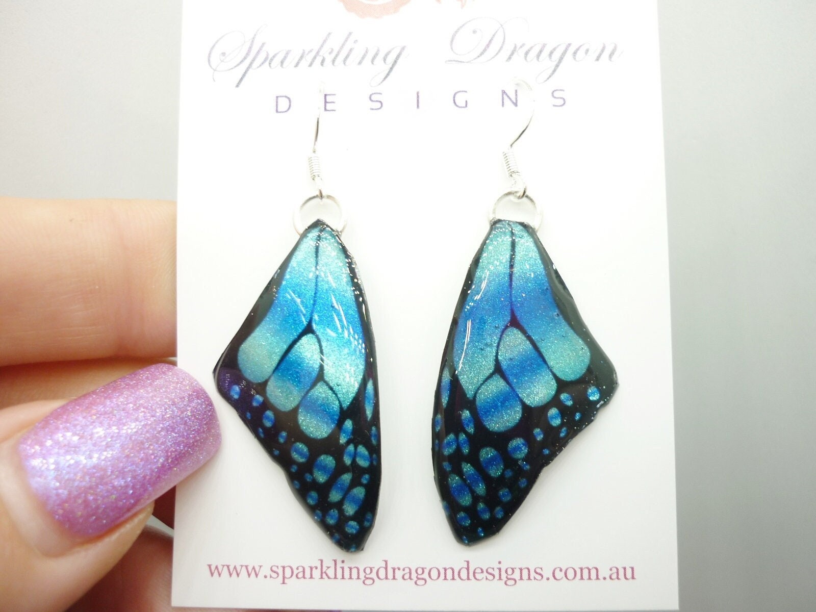 Butterfly Wing Medium Size Earrings Blue Stained Glass- Fairy Jewellery, Fairy