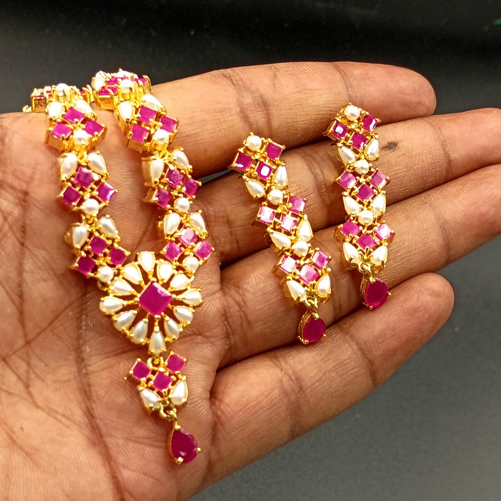 Ruby Pearl Jewelry Set 22K Gold Plated Necklace Earrings Set Wedding Partywear G
