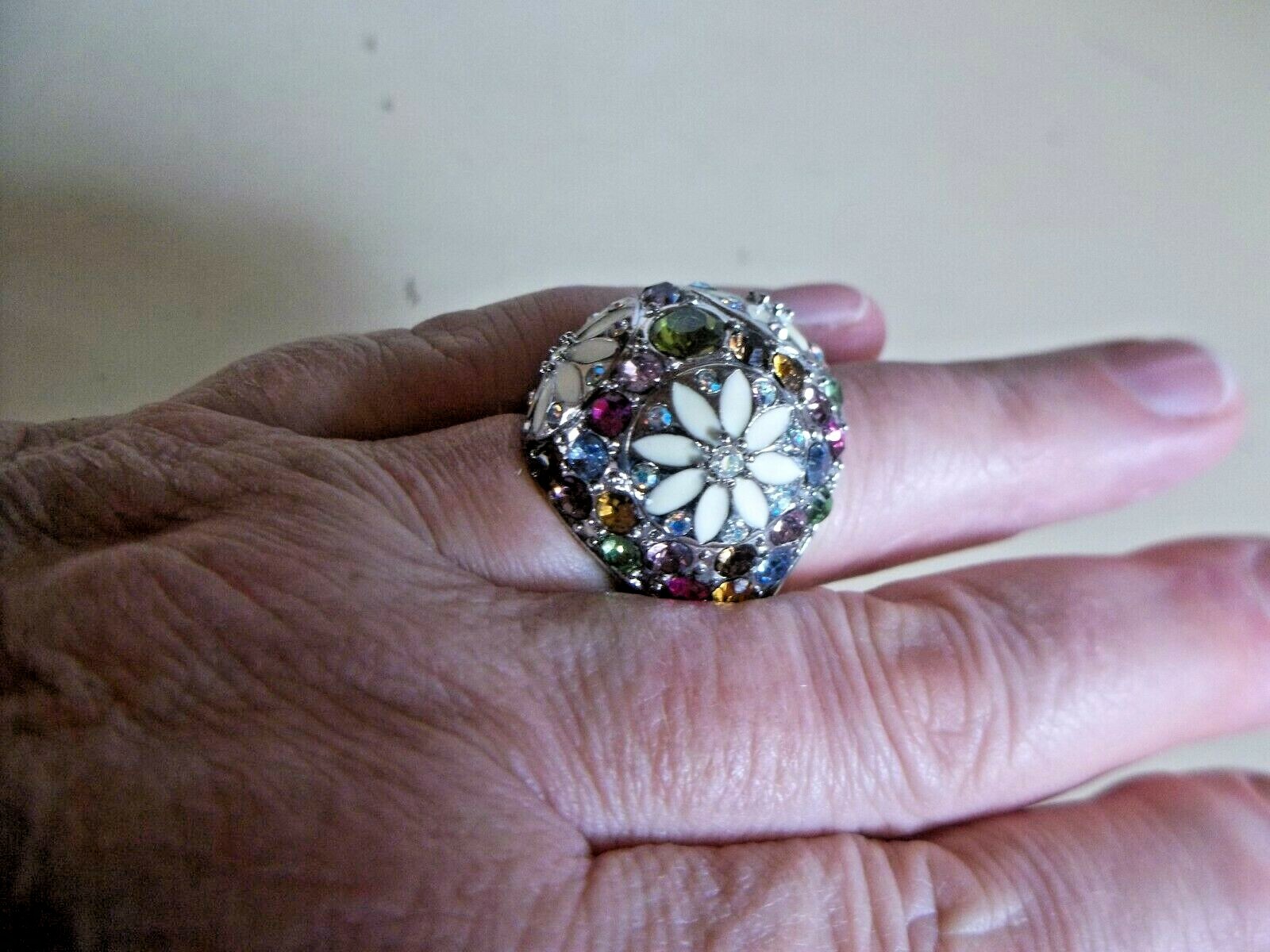 Floral Mound Crystals Enamelware Sterling Silver Woman’s Size 7 Statement Ring