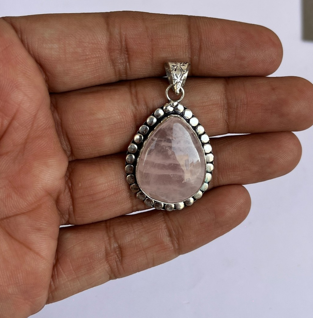 Natural Rose Quartz Necklace Pear Pendant Healing Crystal 24 Inch Chain Gift