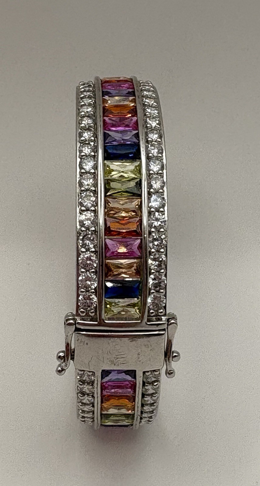 43.27g 925 Sterling Silver Rainbow CZ Hinged Bangle Bracelet Channel Set 6.5”