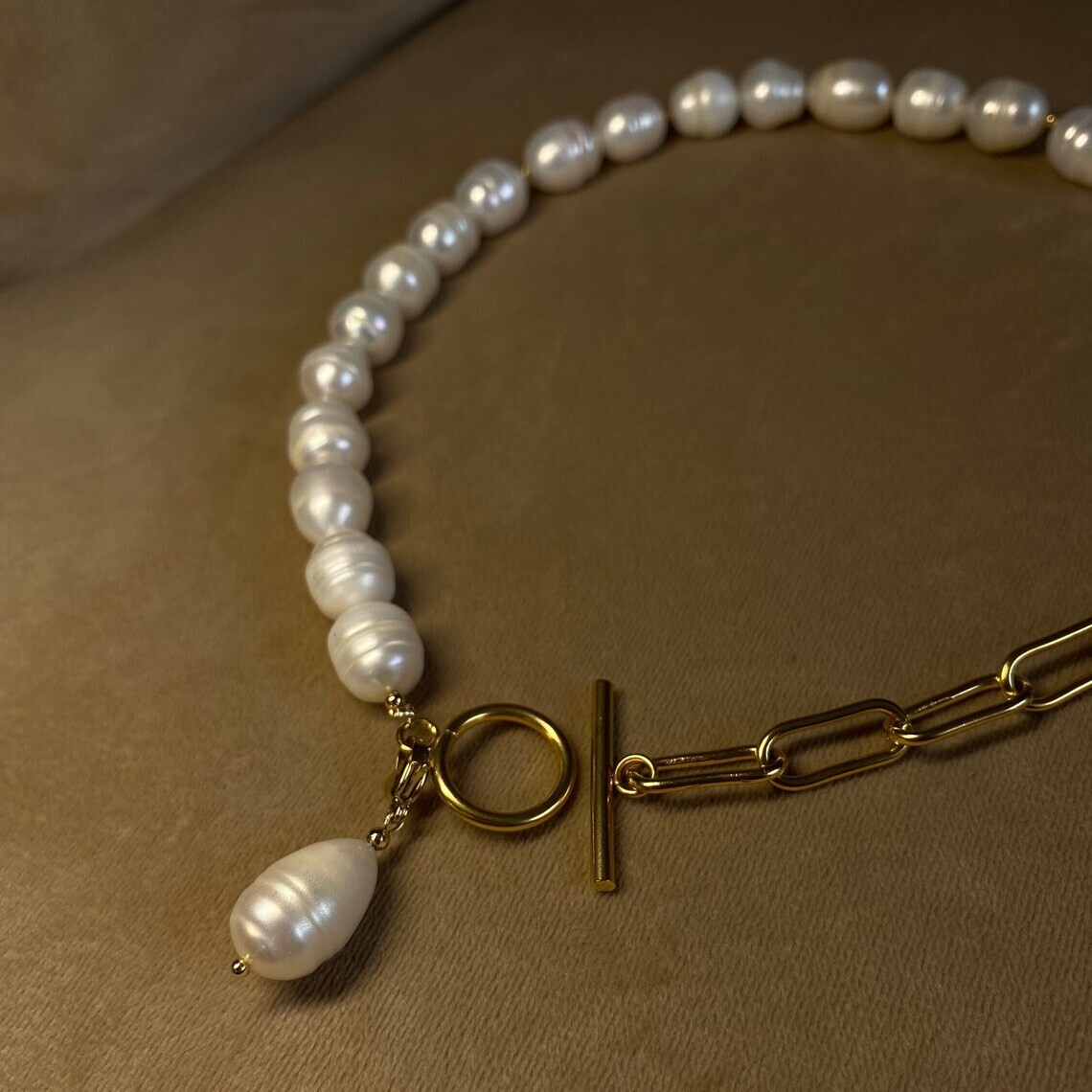 Half Baroque Pearl & Half Chain Necklace For Women