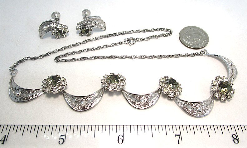 Sterling Silver Necklace and Earrings w White and Gray Rhinestones 12.0 grams