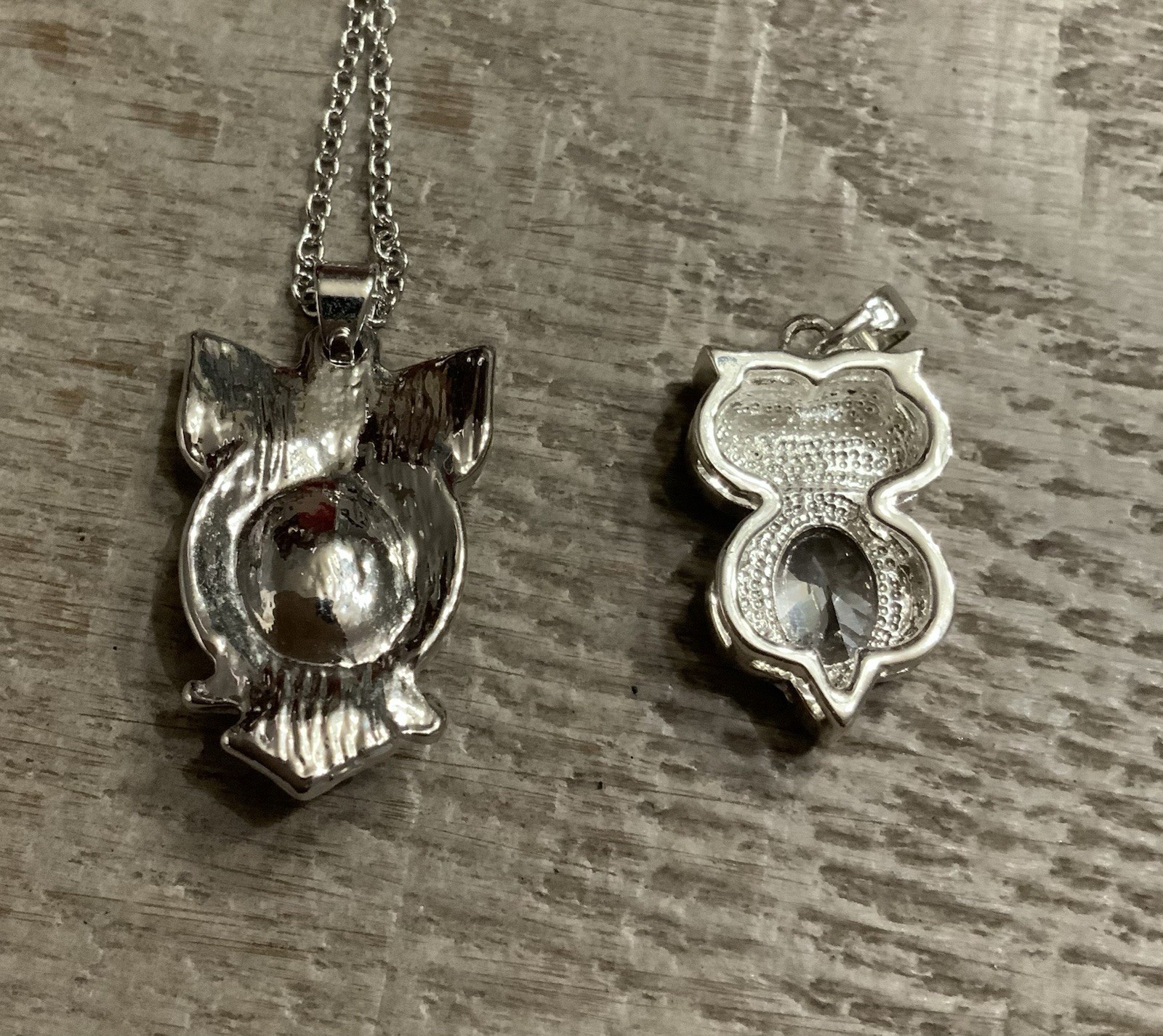 Owl Pendant Necklace Lot – Pink & Clear Crystal Owls – Silver Tone – 18” Chain