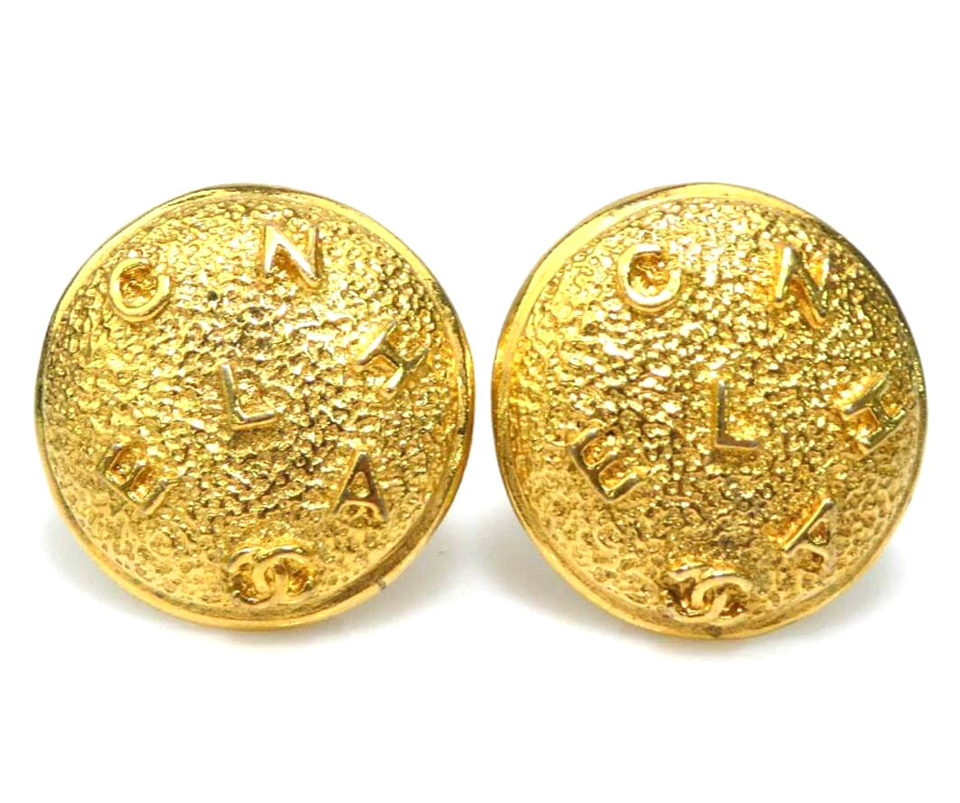 CHANEL Earrings Alphabet Logo Gold Tone Metal Clip-on Stamped Authentic