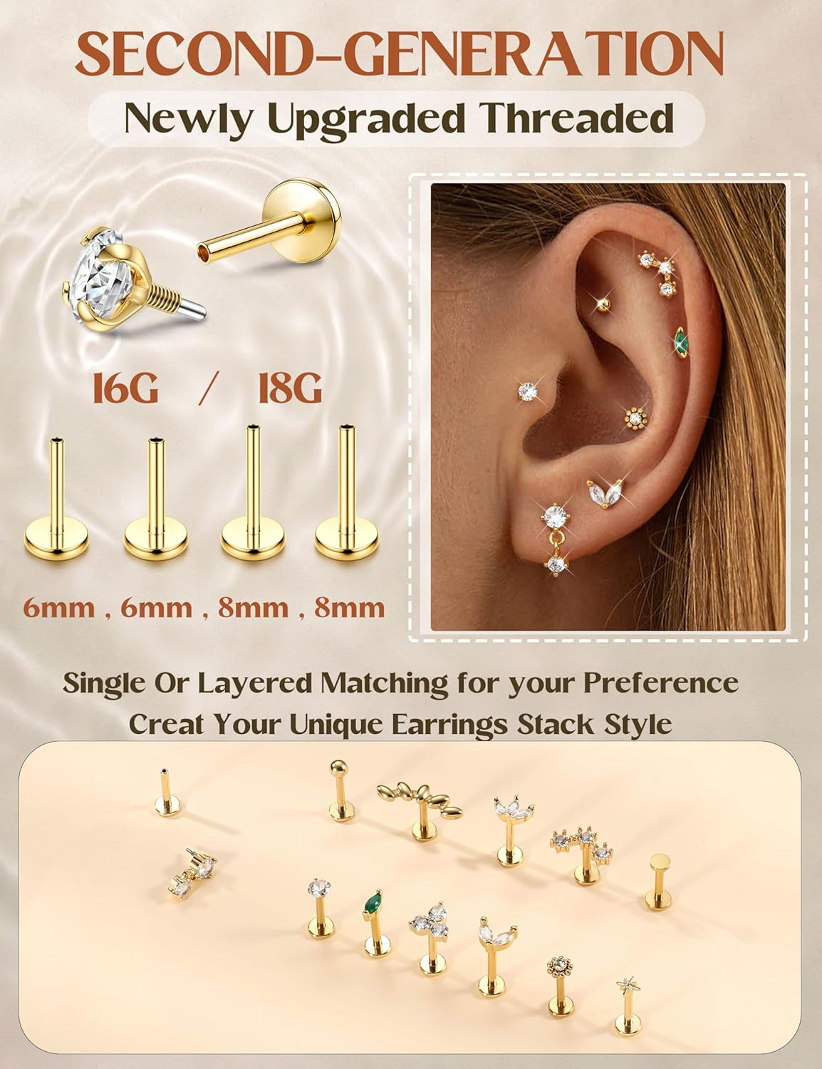 18G 16G Hypoallergenic Flat Back Earrings Stud Earrings – 316L Surgical Steel In