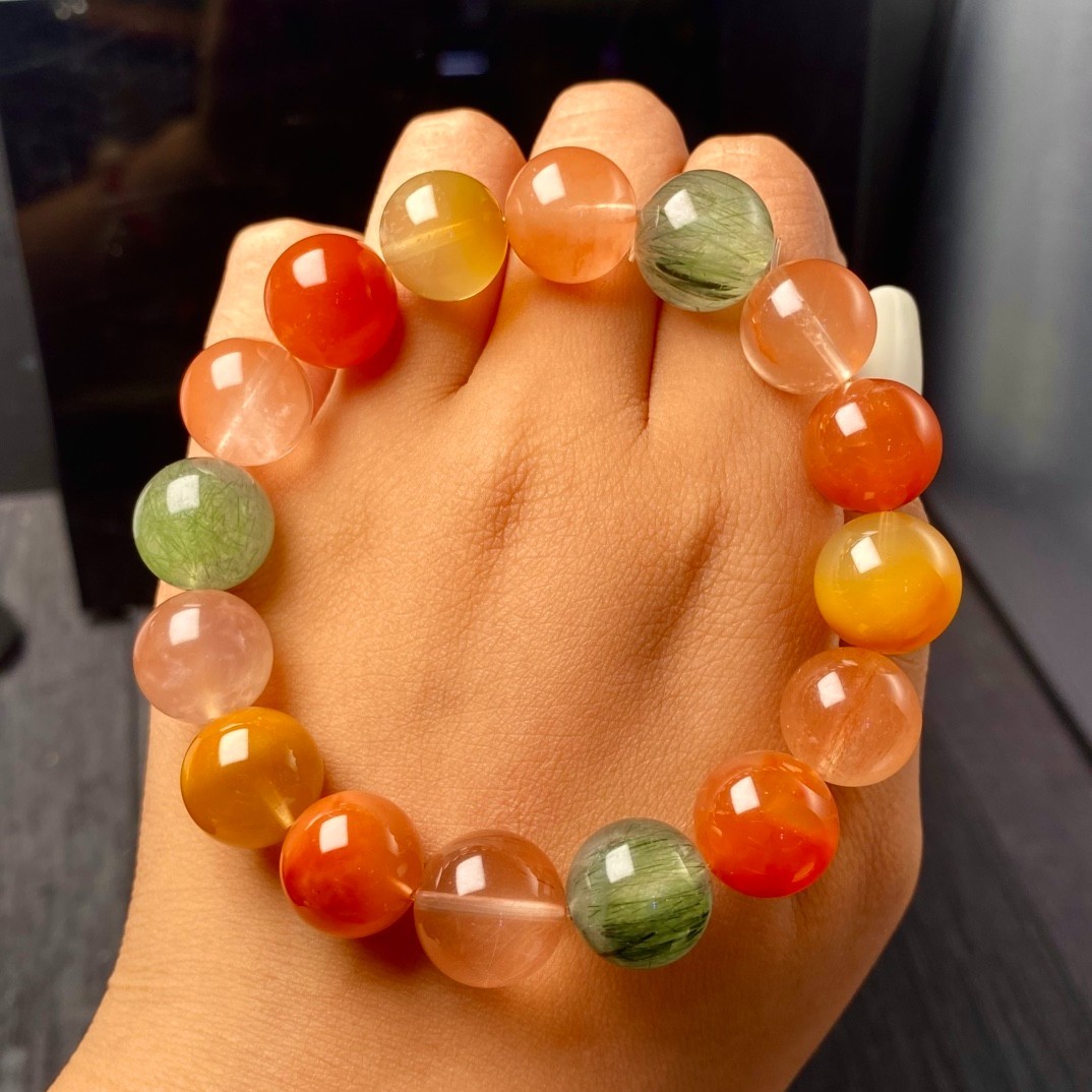 13.1mm Natural Multicolor Rutilated Quartz Bracelet 14mm Fu Lu Shou Crystal