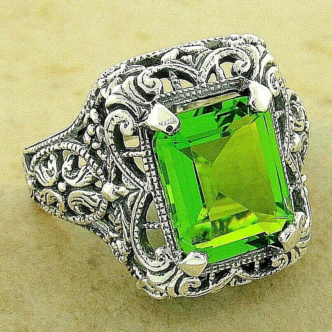ANTIQUE STYLE 925 STERLING SILVER FILIGREE SIMULATED 2.6 CT. PERIDOT RING #1125