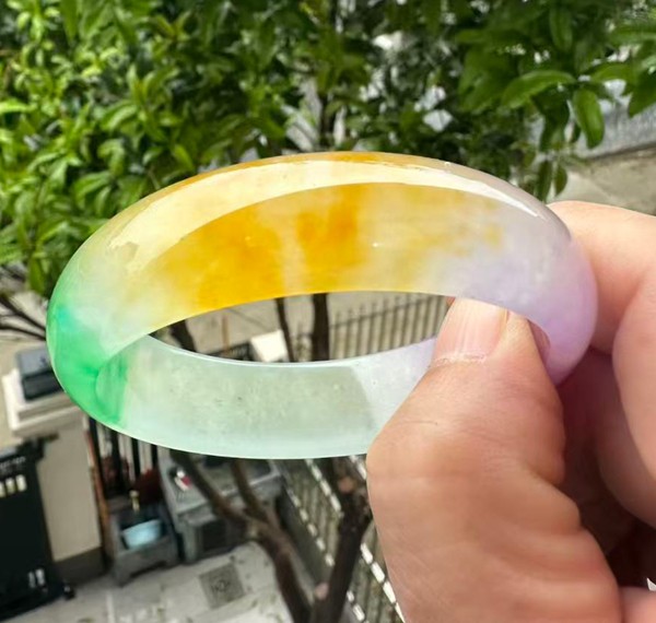 Natural Grade A Jadeite Bangle Tri-Color Green Lavender Yellow Burmese Jade 59mm