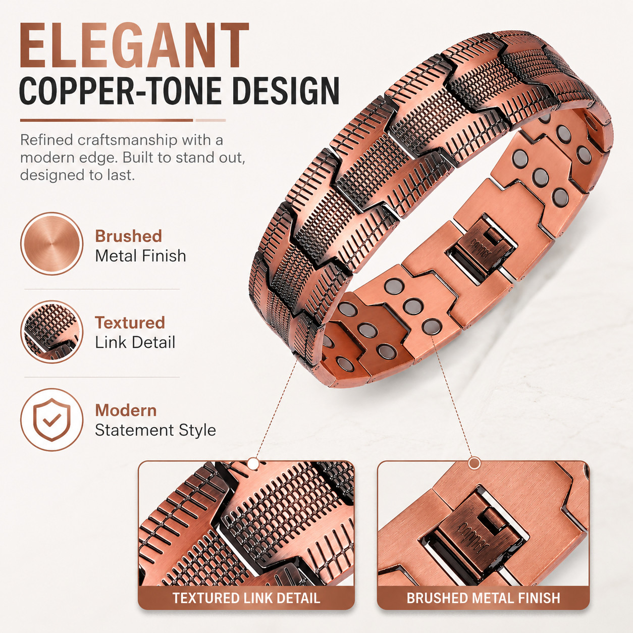 Elegant Copper-Tone Magnetic Bracelet for Men Adjustable Pain Relief Arthritis