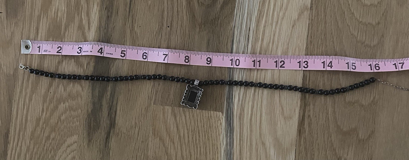 Black Onyx 925 Sterling Silver Beaded Necklace Rectangular Pendant 16-18” 30g