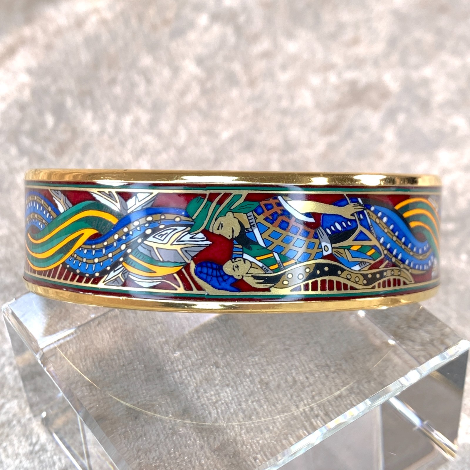 Vintage Hermes Bangle Bracelet Red Green Blue Enamel Mermaid Ladies Gold Rim 65