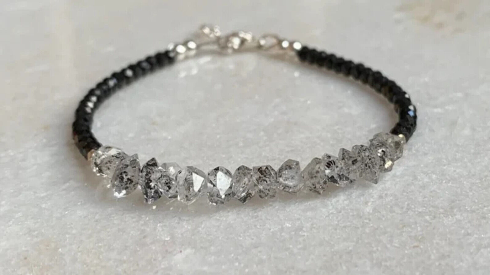Black Spinel+White Herkimer Diamond Quartz Gemstone Beads Bracelet 7″