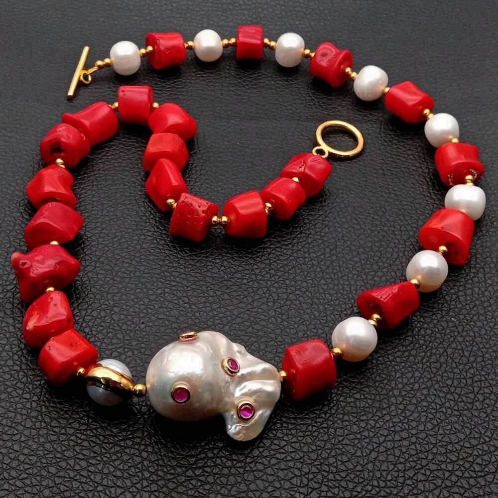 21″ Red Coral White Pearl Necklace White Keshi Pearl Cz pave Pendant