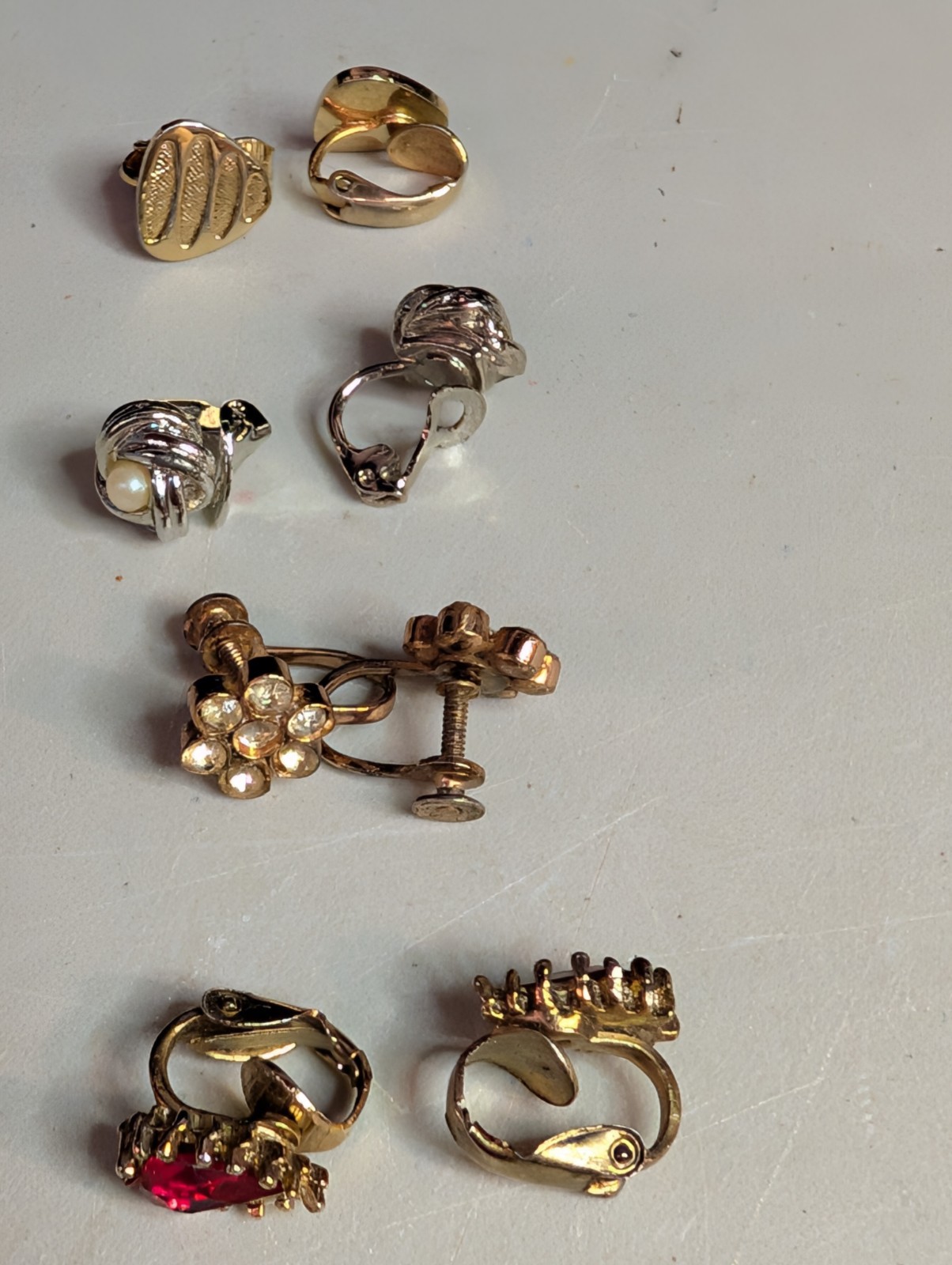 4 Pc Vintage Stud & Clip-On Gold/Silver Tone Clear Rhinestone + Red Earrings