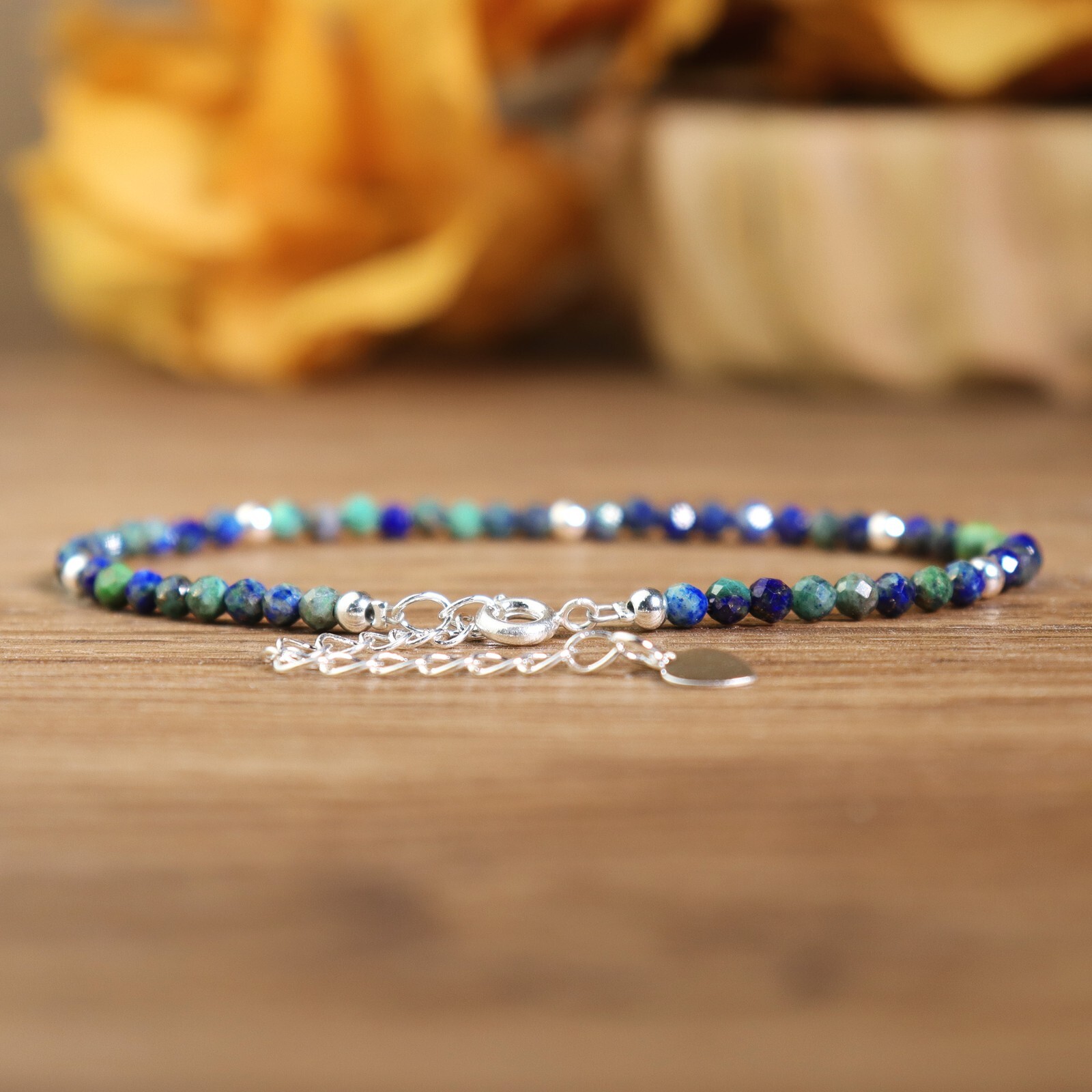 Azurite Crystal Gemstone Dainty Bracelet Minimalist Healing 2mm Faceted Beads