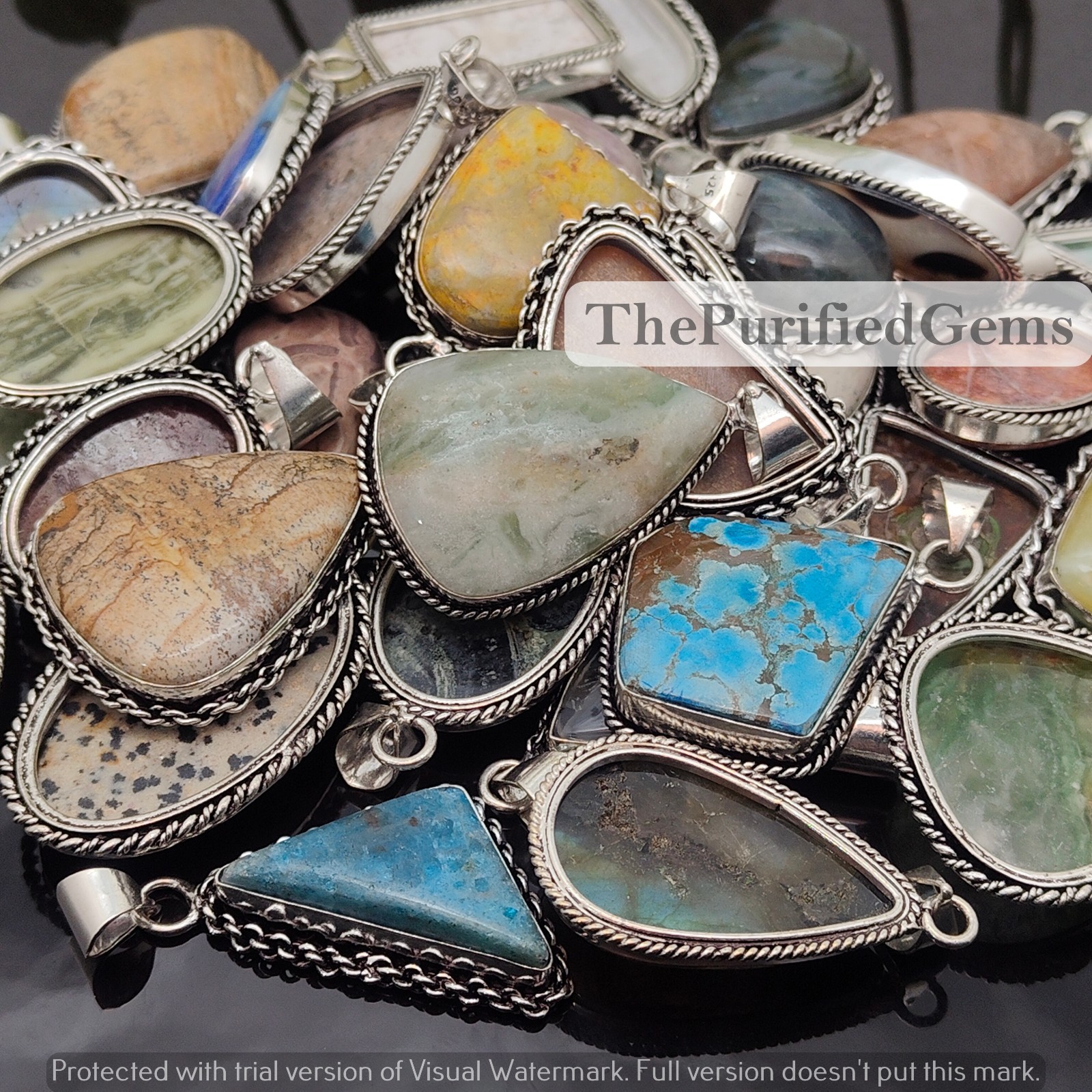 50 Pcs Labradorite & Mix Gemstone Pendant 925 Silver Plated, Handmade Pendant~
