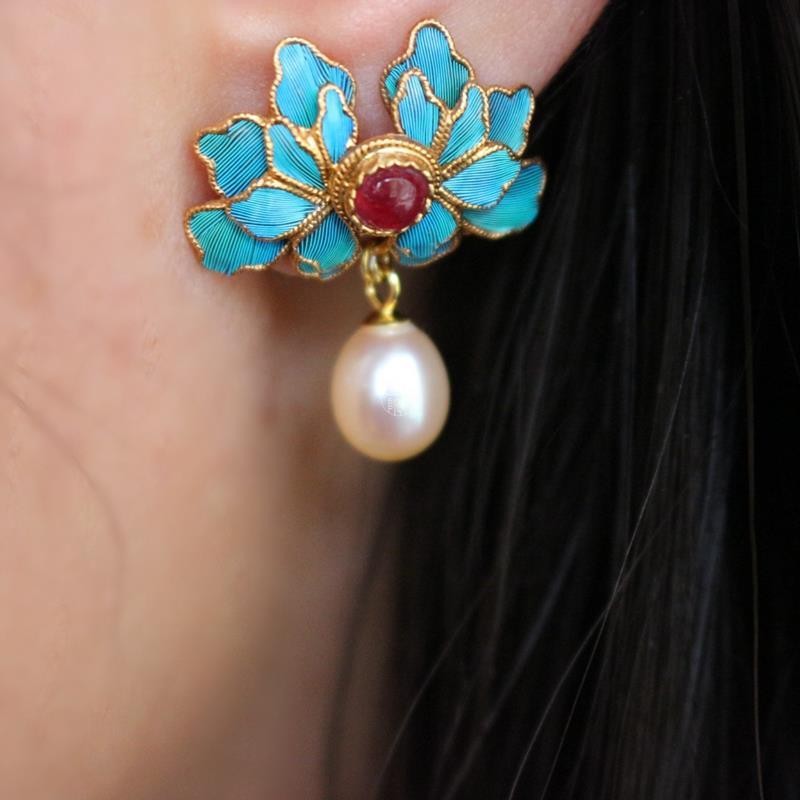Enamel Peony Earrings Retro Style Drop Dangle Jewelry Chinese Hanfu Accessory