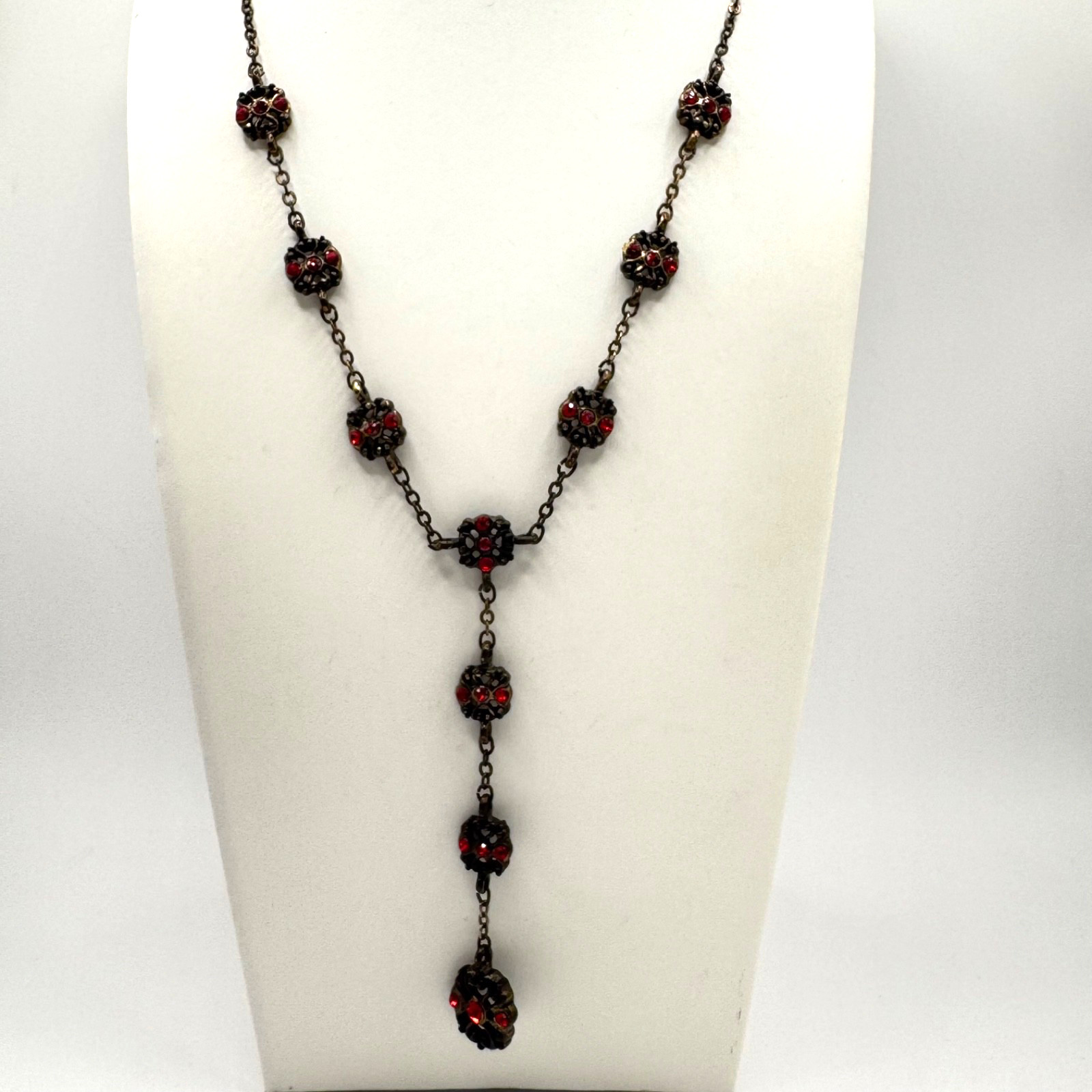 Gothic Red Rhinestone Y Drop Necklace Filigree Rosary Style Antique Bronze Goth