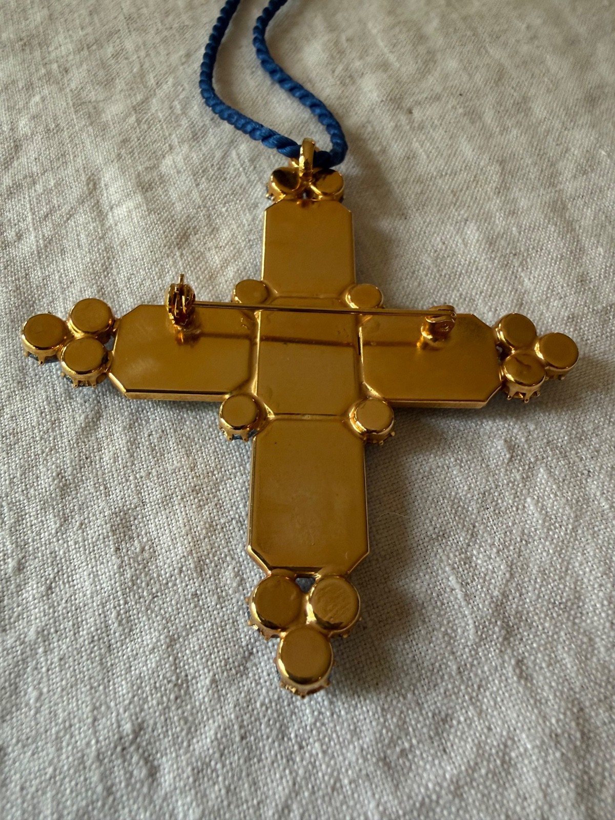 NWOT Vintage French Couture Style Cross / Brooch-Pendant Blue Glass 1980s