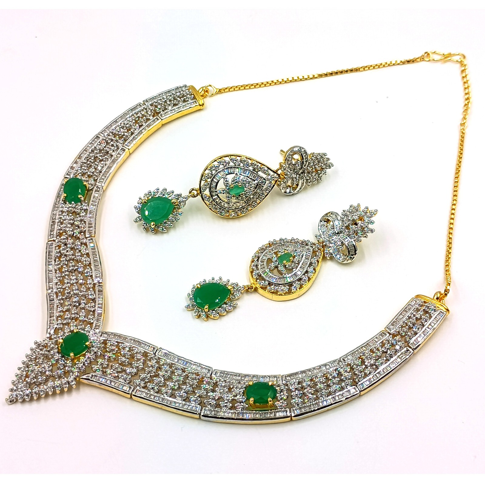 Emerald CZ Diamond Choker Necklace Set 22k Gold Plated South Indian Handmade