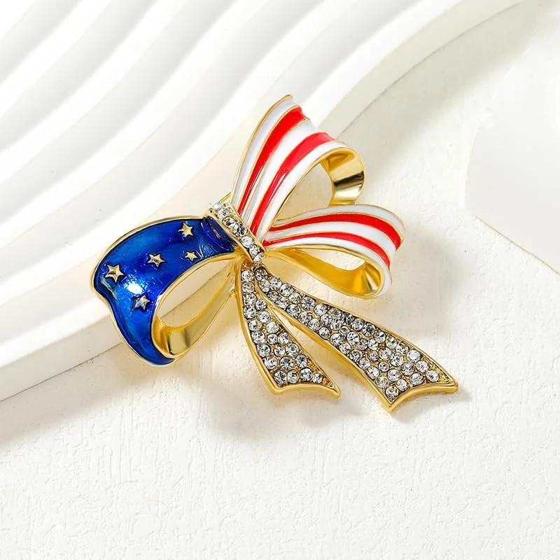 Rhinestone American Flag Medal Pin, Bowknot USA Flag Brooch, Vintage Patriotic B