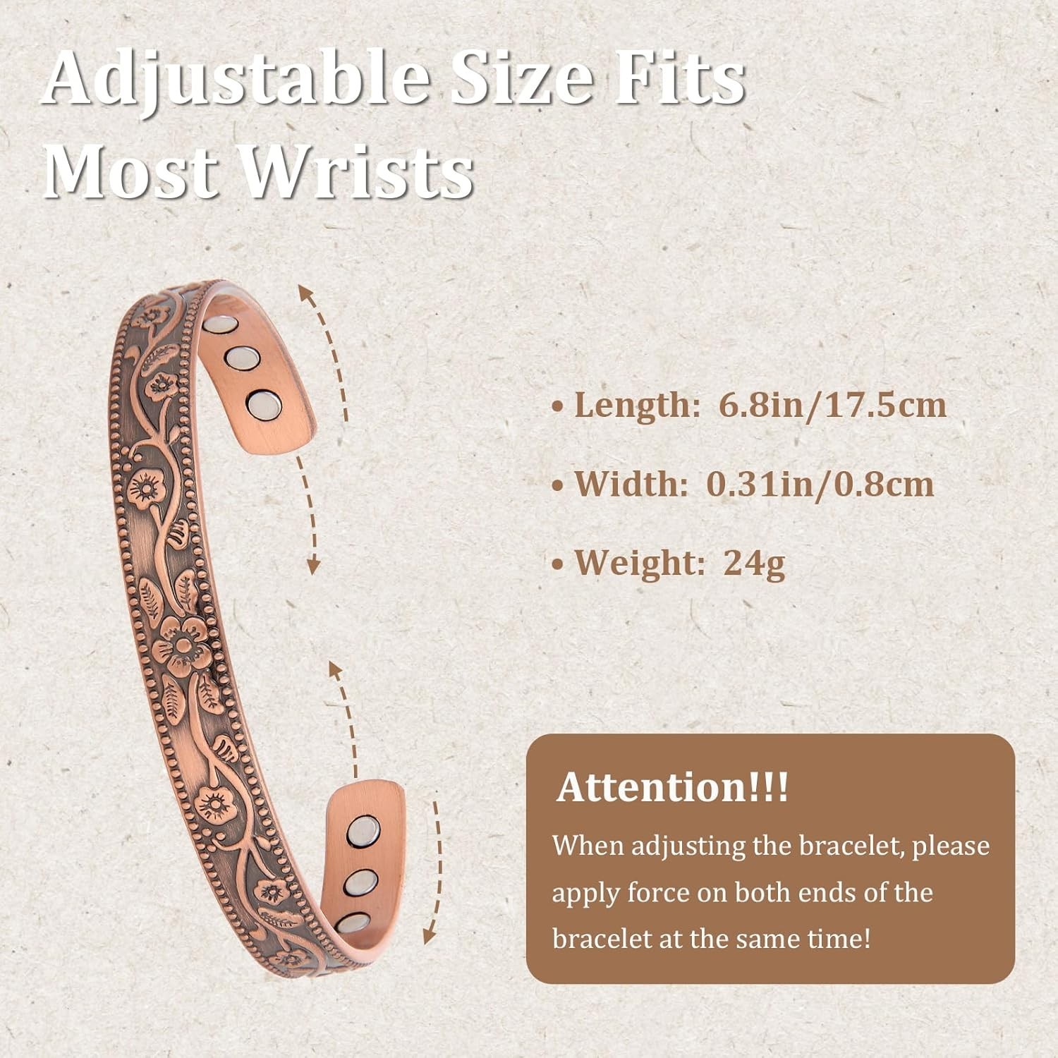 Elegant Adjustable Copper Bracelet for Women – 99.9% Pure with Magnetic Benefits