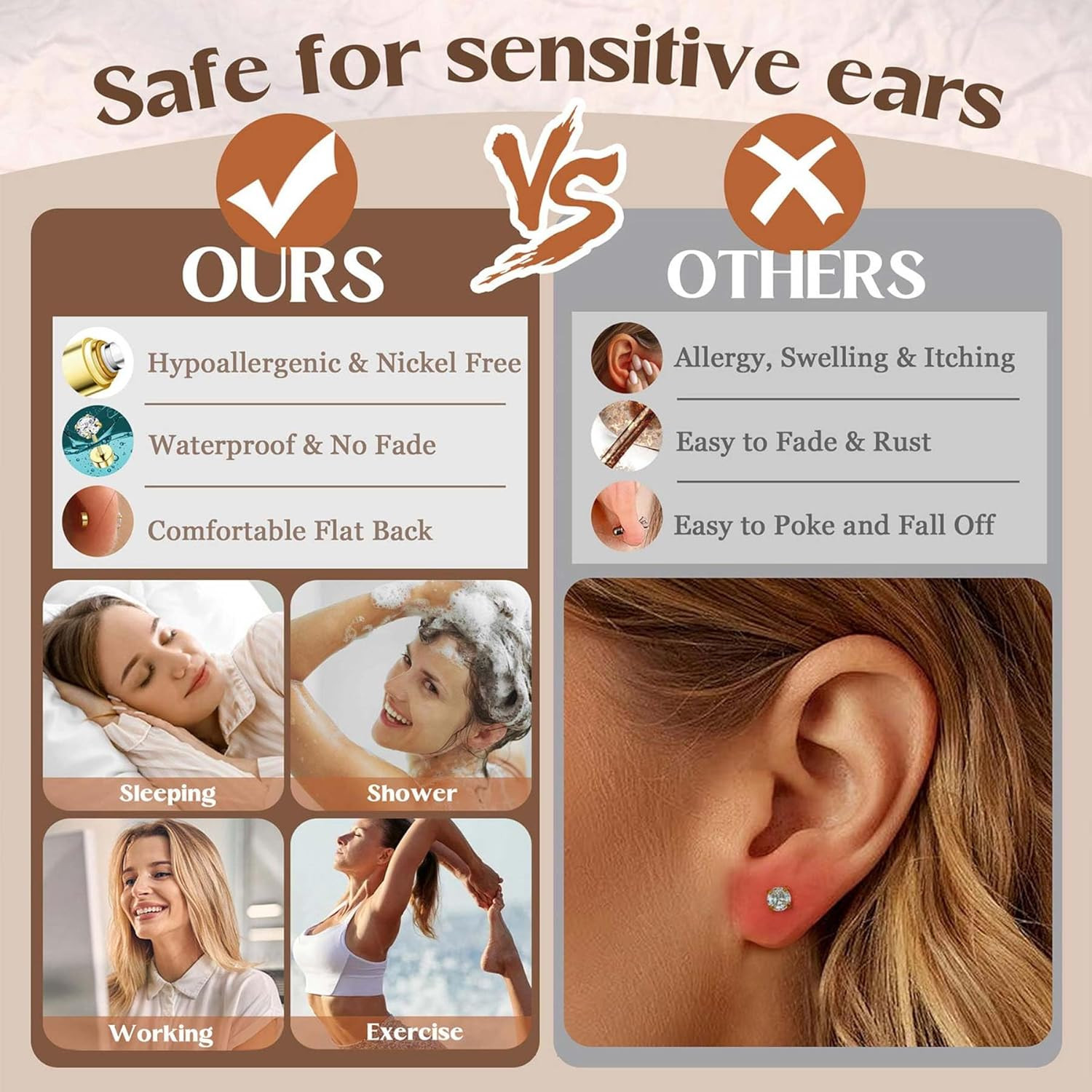 Hypoallergenic 14K Gold Plated Stud Hoop Earrings for Women Men Surgical Stainle