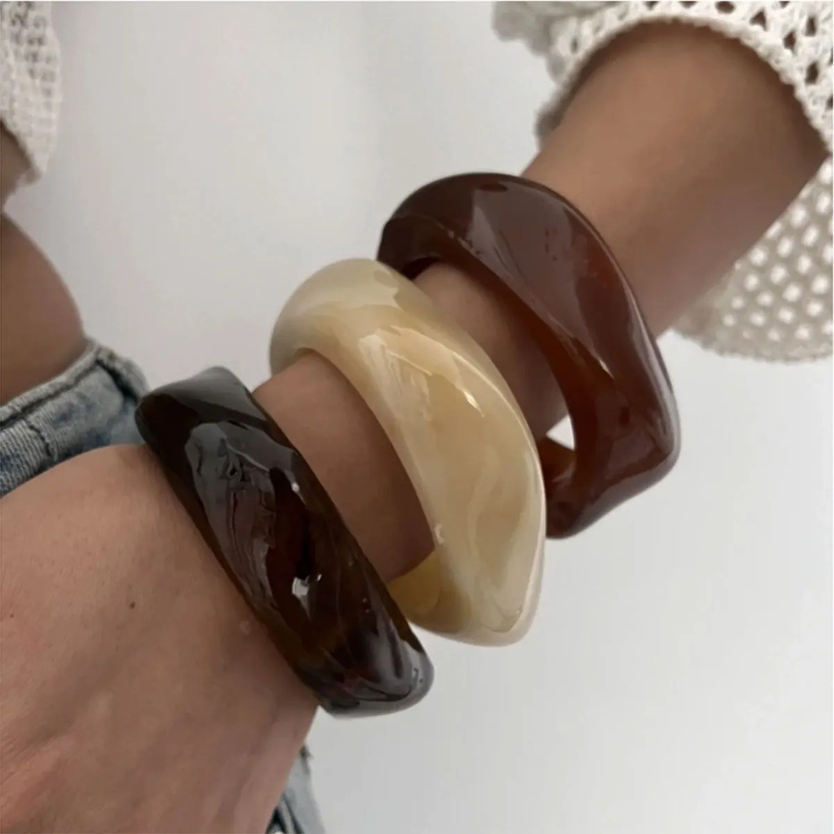 Vintage Punk Brown Coffee Thick Resin Acrylic Bangles Geometric Irregular Design