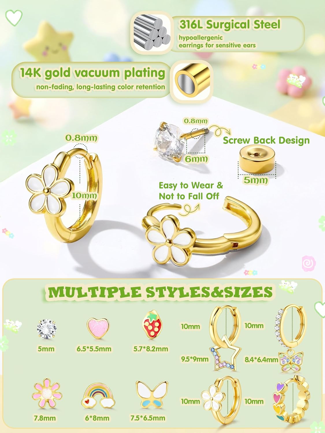 Hypoallergenic Flat Back Earrings Girls 14K Gold Surgical Steel Studs