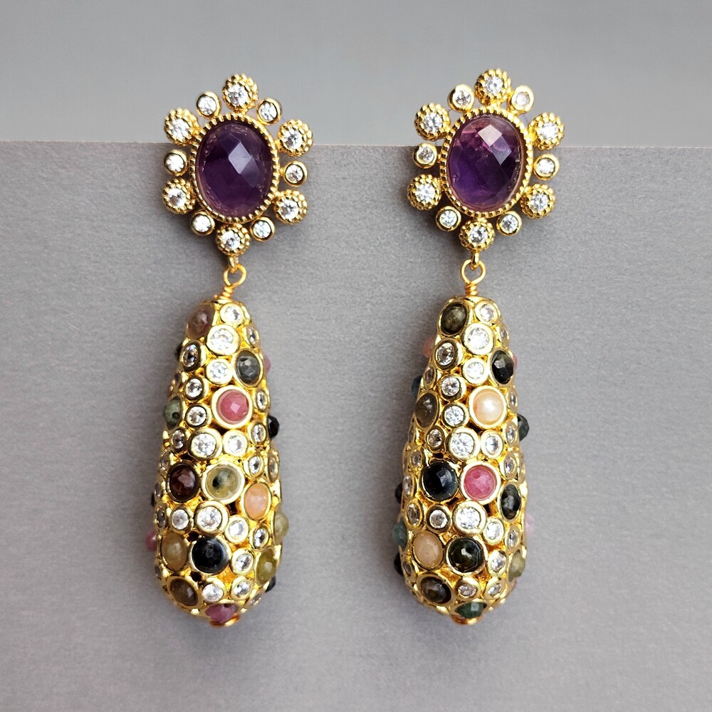 Gold Plated Amethyst Tourmaline Gemstone Dangle Stud Earrings Trendy Jewelry