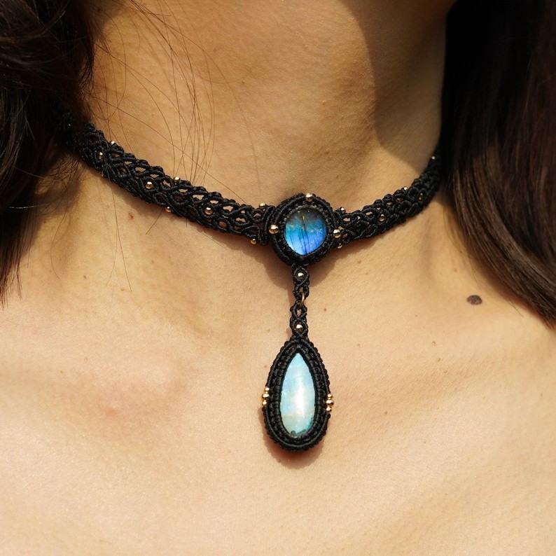 labradorite necklace,Crystal macrame choker, gold choker necklace, natural stone