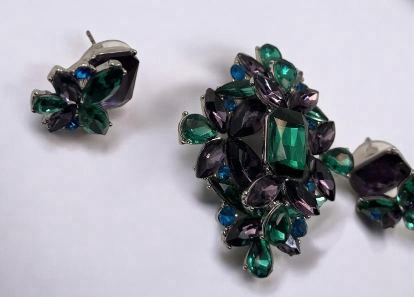 Pretty Emerald Green Blue & Purple Rhinestone Statement Brooch & Earrings Set