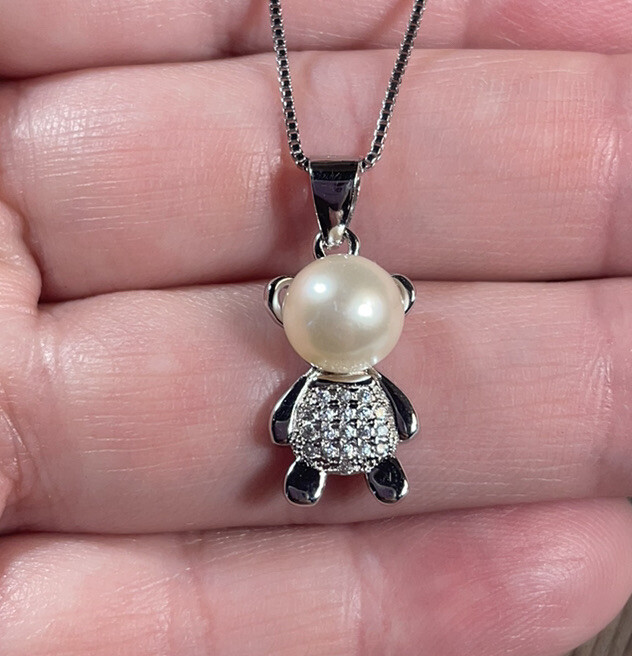 Teddy Bear Necklace Pendant Marked S925 Cream Pearl Crystal Rhinestones Silver