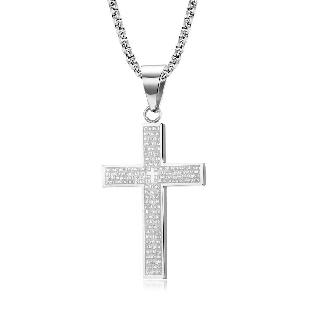 Stainless Steel Cross Pendant Necklace with Engraved Lord’s Prayer Men’s Jewelry