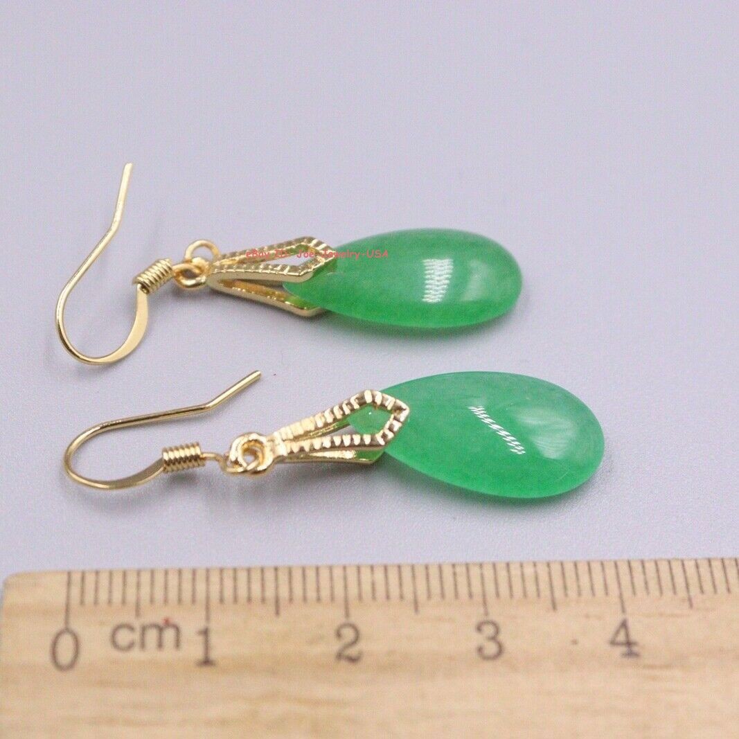New 18K Yellow GP with Dark-Green Pear Jade Dangle Earrings 1.49inch L