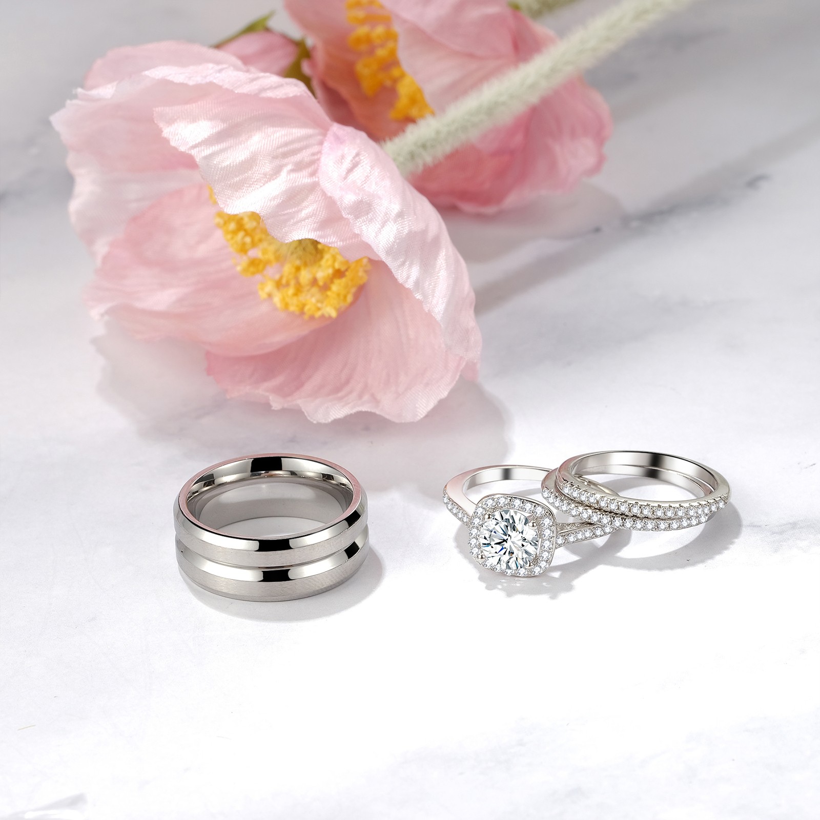 Couples Men Women Stainless Steel Ring Set Cubic Zirconia Stacking Wedding Band