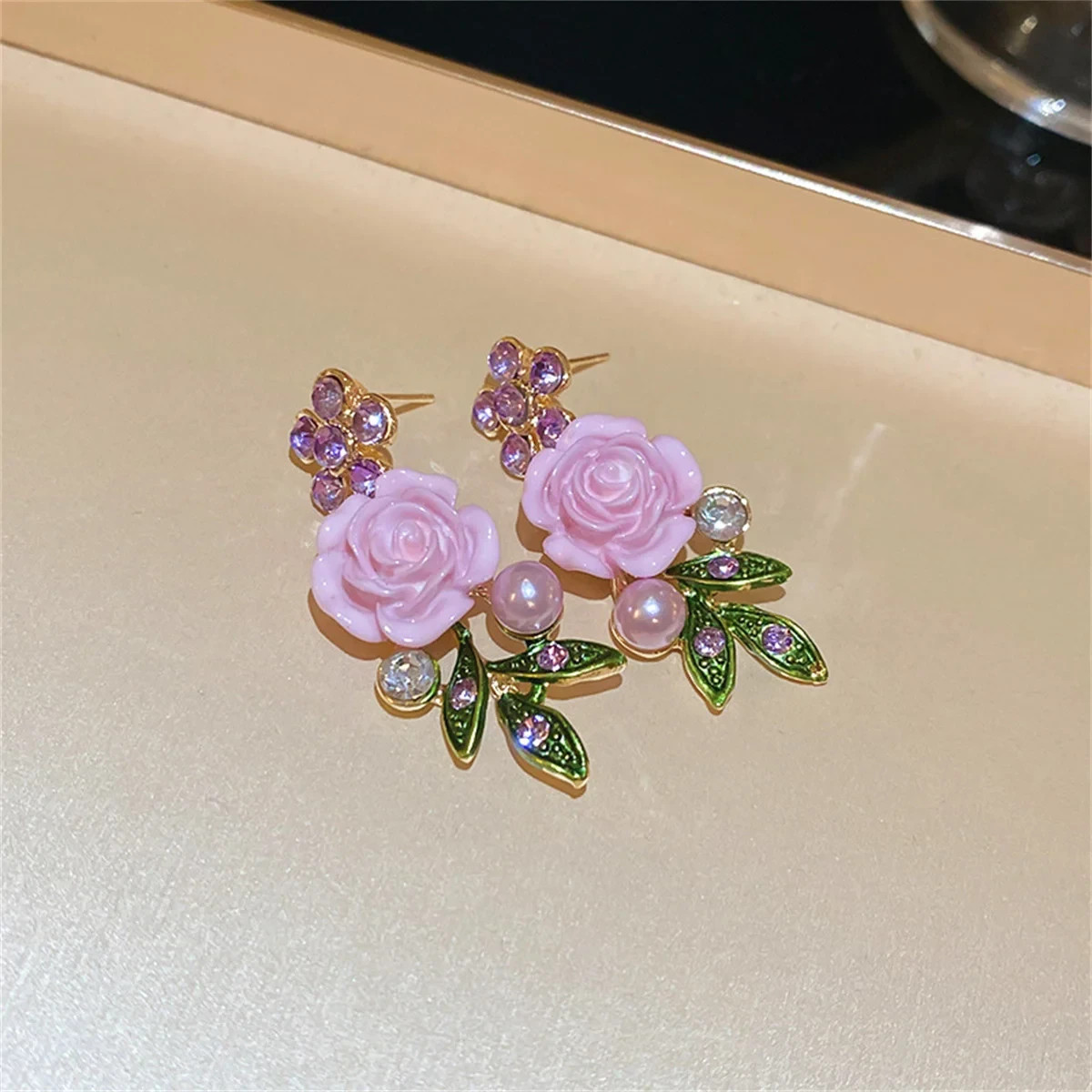 Purple Floral Acrylic Crystal Jewelry Set for Women Necklace Earrings Wedding Br