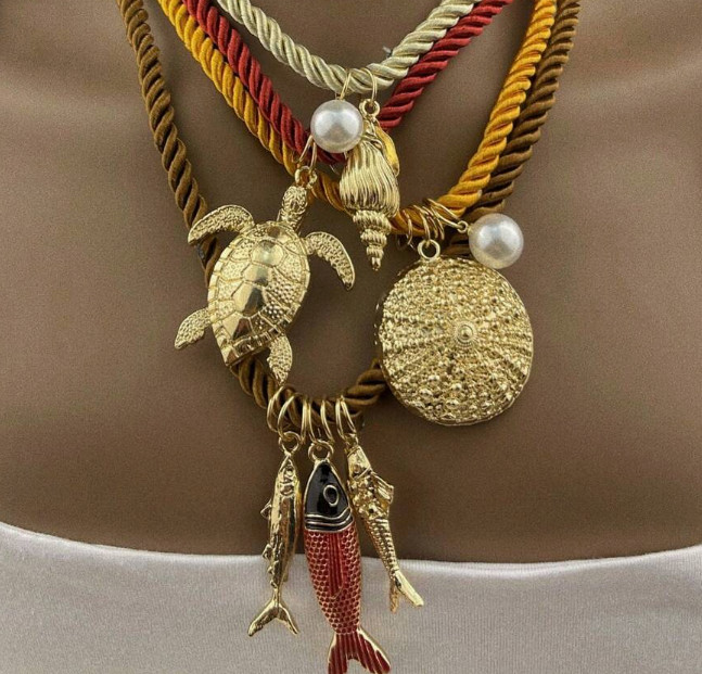 Set of Necklaces Conch Shells Pearl Turtle Fish Braided Cord Gold Tone Charms