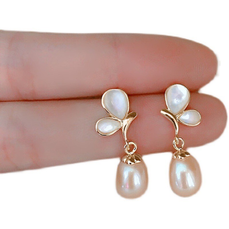 Genuine AAA natural Akoya pink pearl dangle earrings 14k yelllow gold P