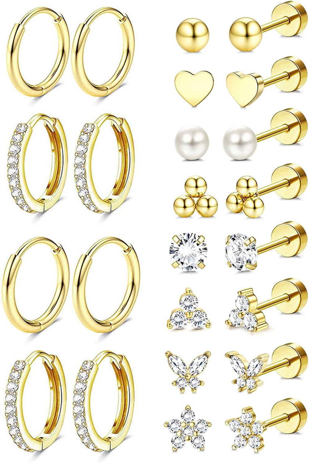Hypoallergenic 14K Gold Plated Stud Hoop Earrings for Women Men Surgical Stainle