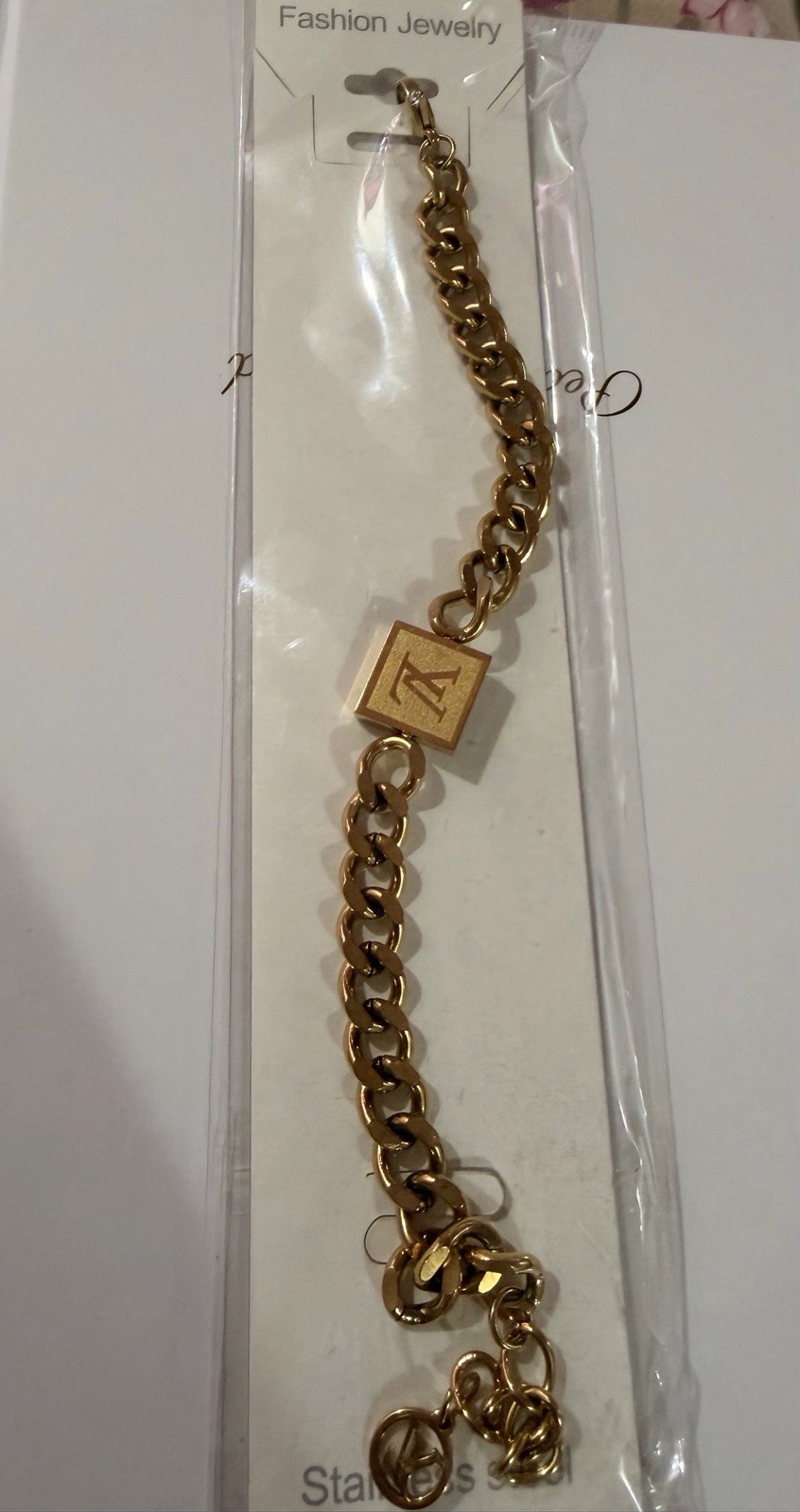 Gold Tone Curb Link Chain Charm Bracelet Square Dangle Charm Lobster Clasp